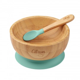 Bamboo Bowl with Suction and Spoon - Green