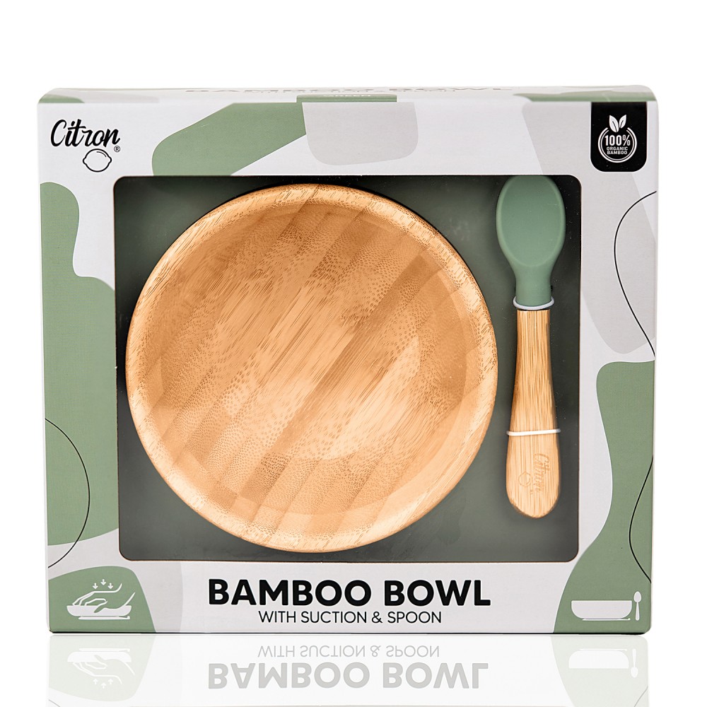 Bamboo Bowl with Suction and Spoon - Green