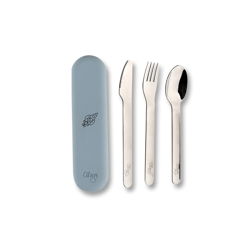 Stainless Steel Cutlery Set with Silicon Case - Spaceship Dusty Blue