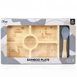 Bamboo Square Plate with Suction and Spoon Set - Dusty Blue