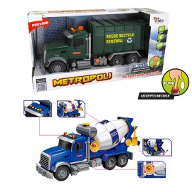 Metropoli - Garbage Truck and Concrete Mixer Truck with Lights, Sound and Pump Function Set - 2 pcs